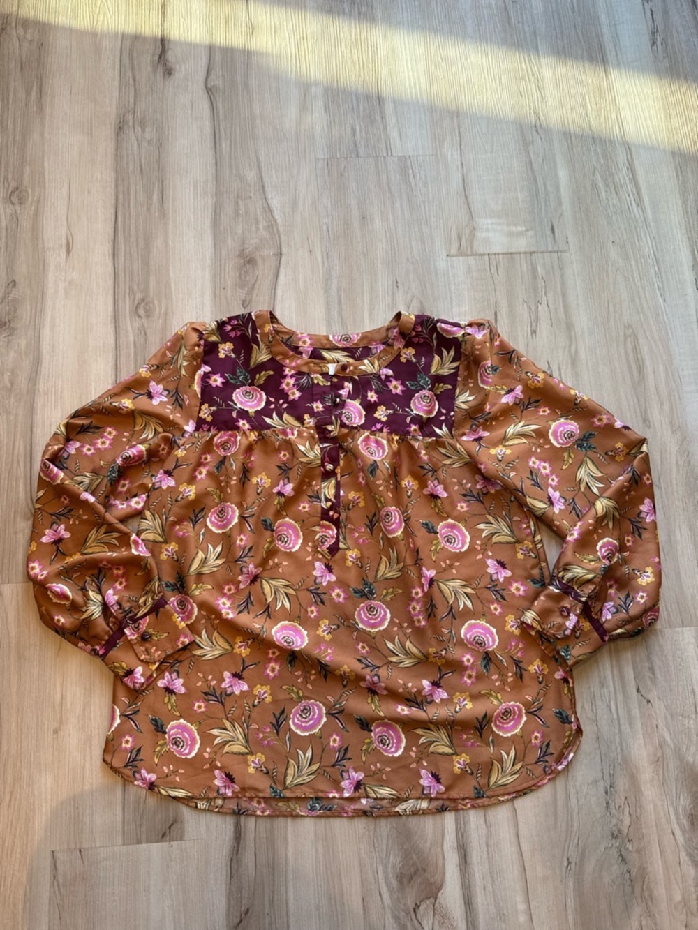 LOFT Brown Floral Long-Sleeve Blouse with Maroon Yoke